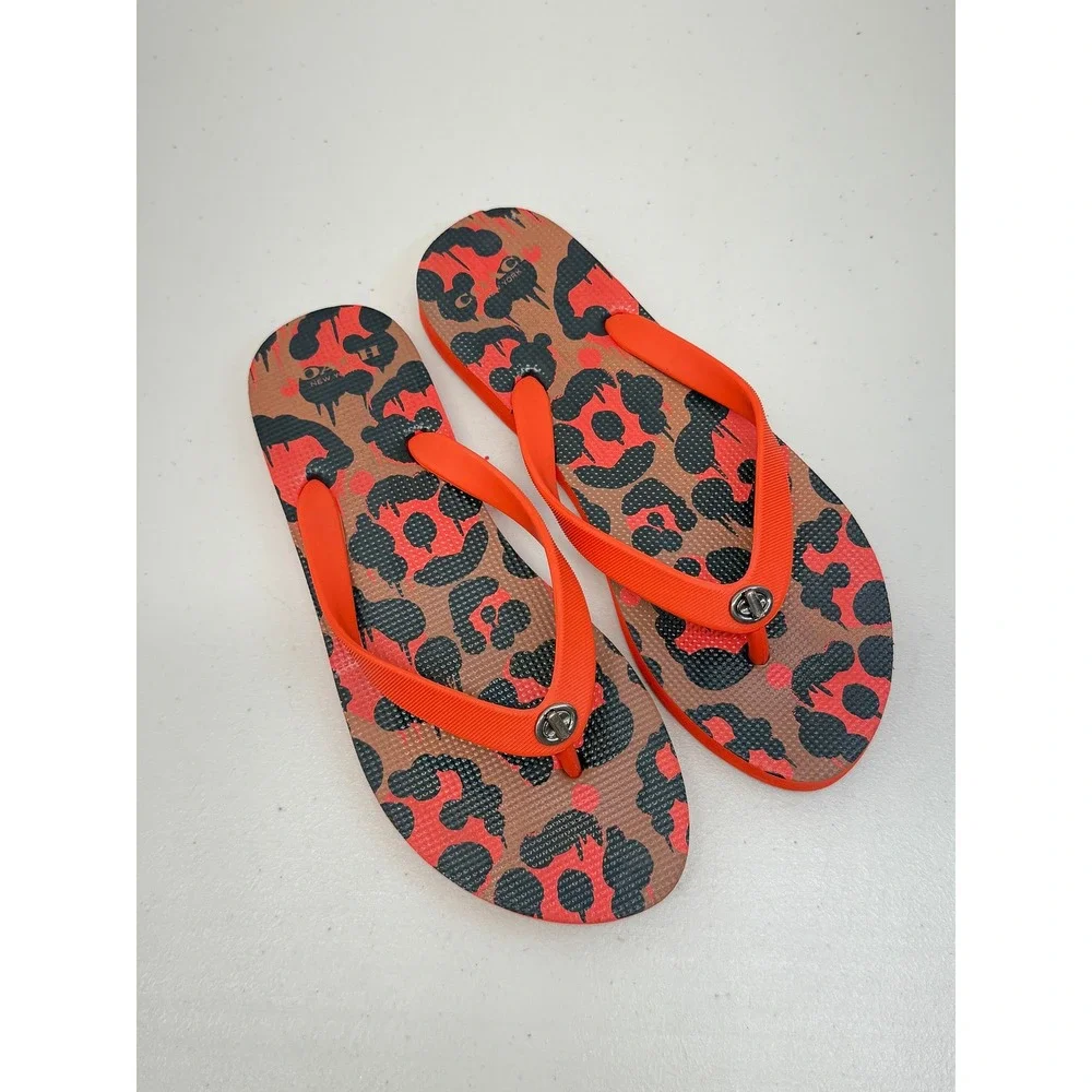 Coach Leopard Flip Flops Orange Red Black Turnlock Sandals 7 8